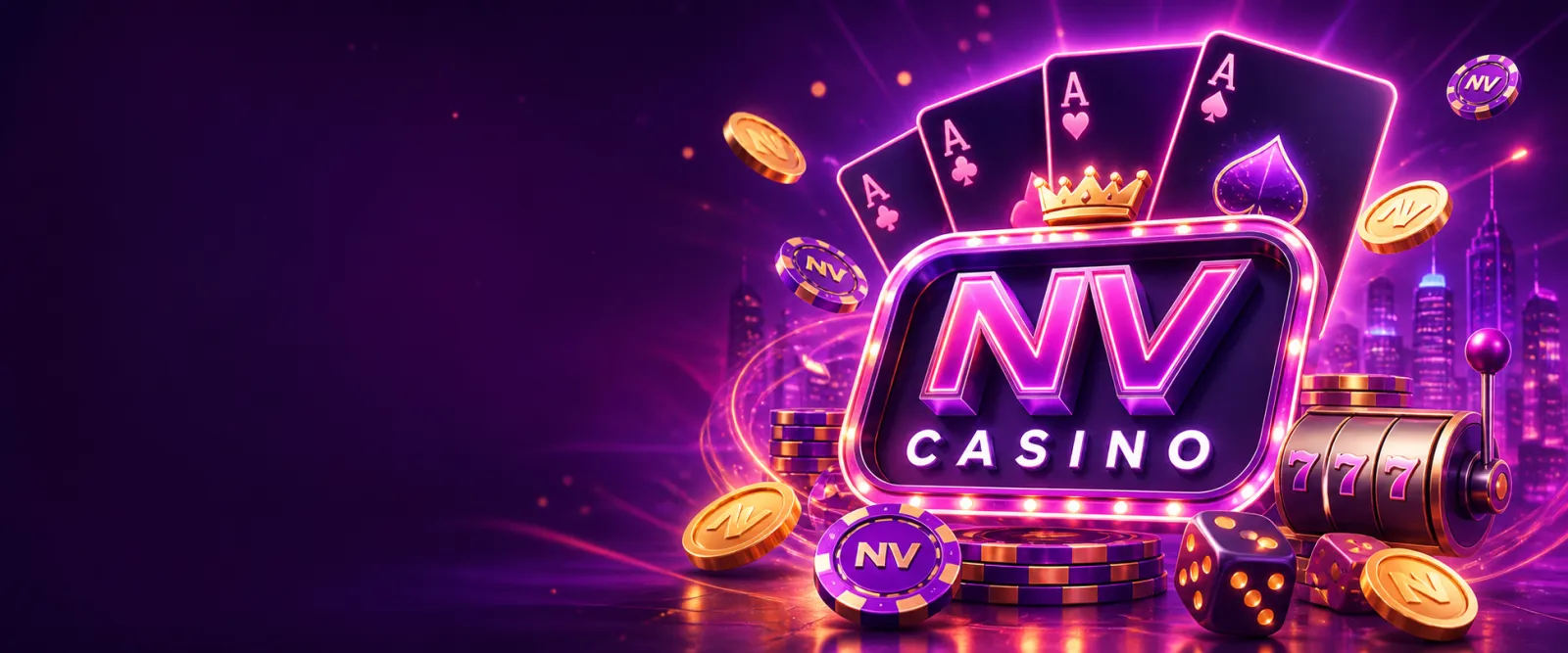 Dynamic banner for NV Casino featuring neon lights and premium gaming atmosphere