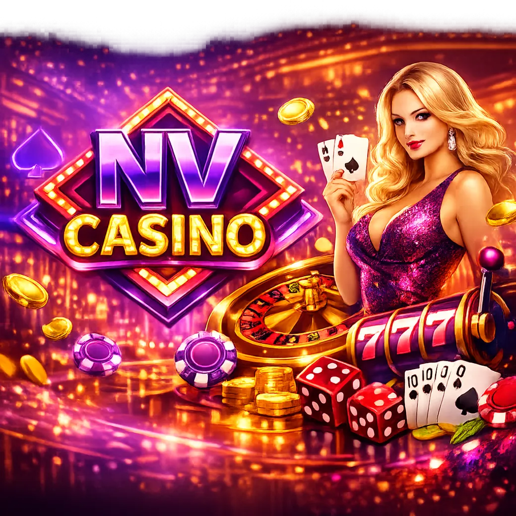 Bright promo image for NV Casino featuring purple-magenta neon and luxury casino atmosphere